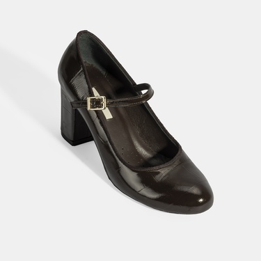  Kadın Kahve Ayarlanabilir Metal Tokalı Mary Jane Topuklu Ayakkabı