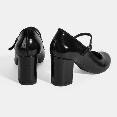  Kadın Siyah Ayarlanabilir Metal Tokalı Mary Jane Topuklu Ayakkabı