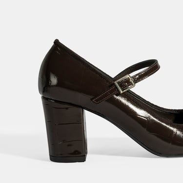  Kadın Kahve Ayarlanabilir Metal Tokalı Mary Jane Topuklu Ayakkabı