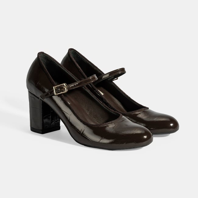  Kadın Kahve Ayarlanabilir Metal Tokalı Mary Jane Topuklu Ayakkabı