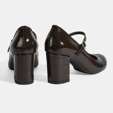  Kadın Kahve Ayarlanabilir Metal Tokalı Mary Jane Topuklu Ayakkabı