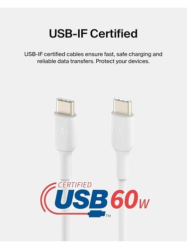  Belkin Boost Charge USB-C - USB-C Kablosu 1 m, 60w Beyaz CAB003BT1MWH