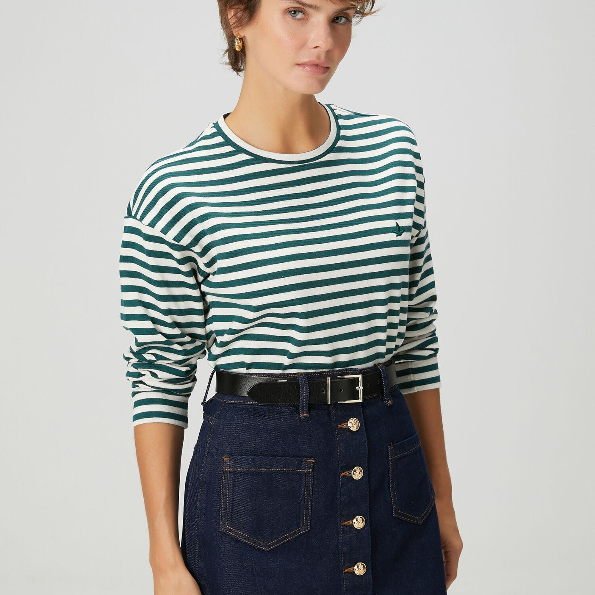 Beymen Club Kadın Yeşil Ekru Çizgili Basic Sweatshirt