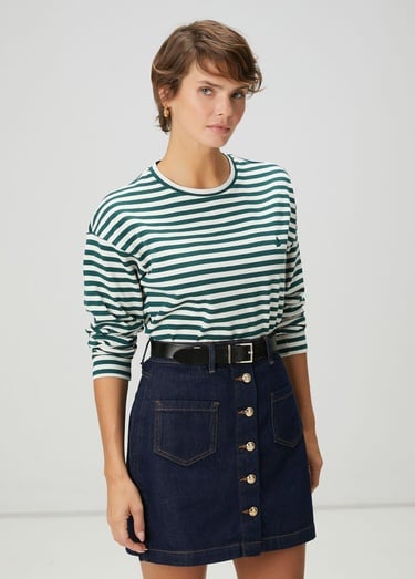  Beymen Club Kadın Yeşil Ekru Çizgili Basic Sweatshirt