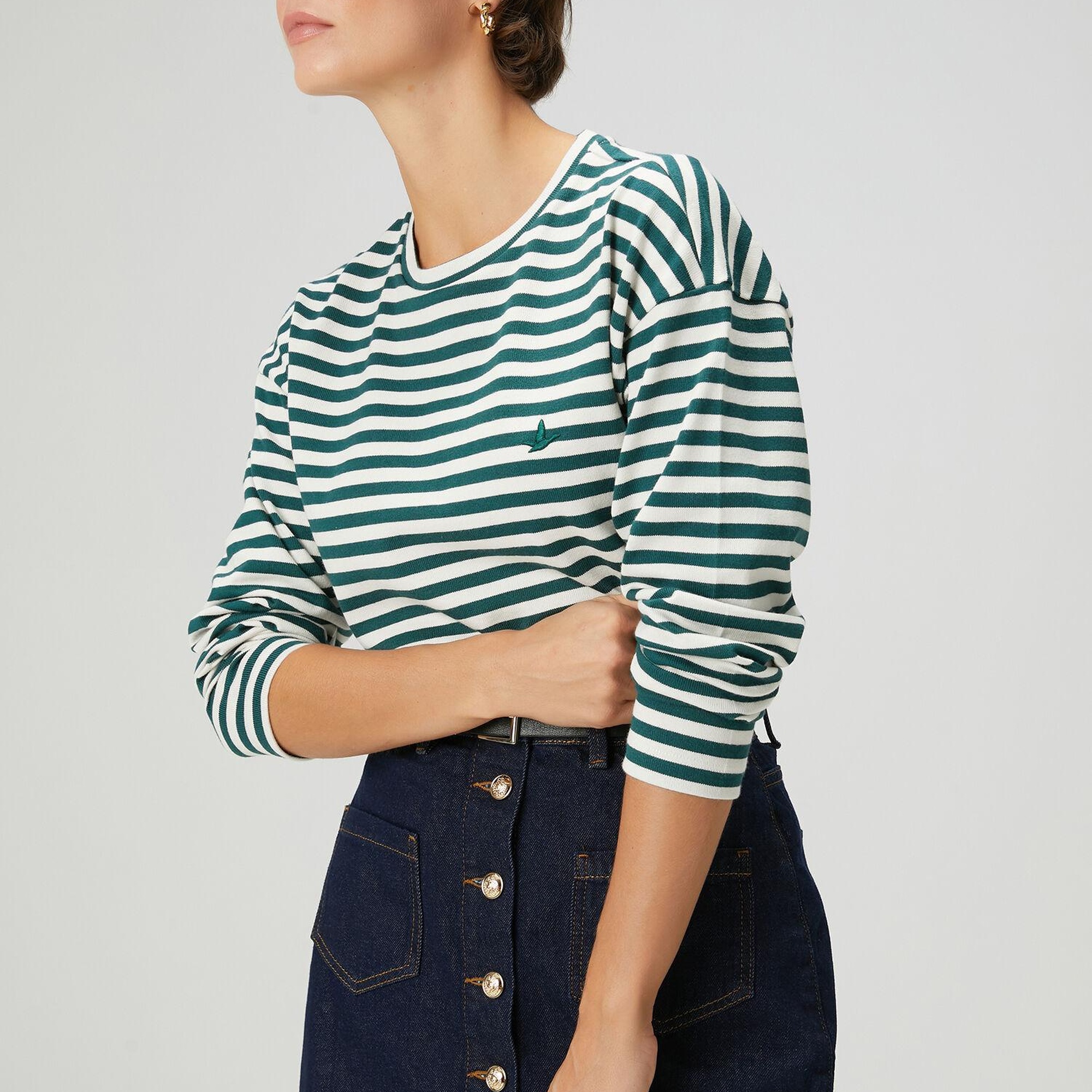 Beymen Club Kadın Yeşil Ekru Çizgili Basic Sweatshirt