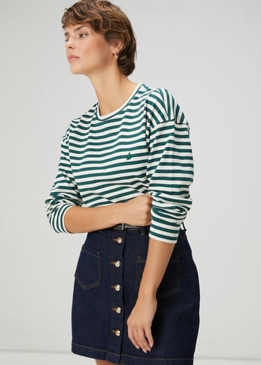  Beymen Club Kadın Yeşil Ekru Çizgili Basic Sweatshirt