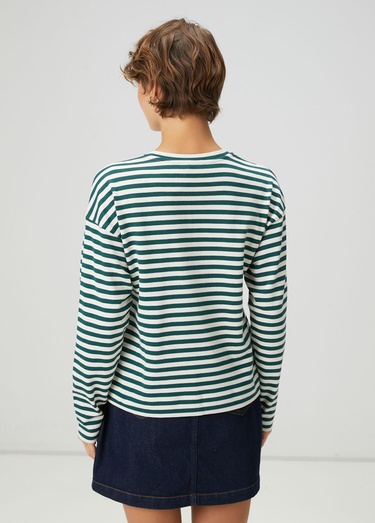  Beymen Club Kadın Yeşil Ekru Çizgili Basic Sweatshirt