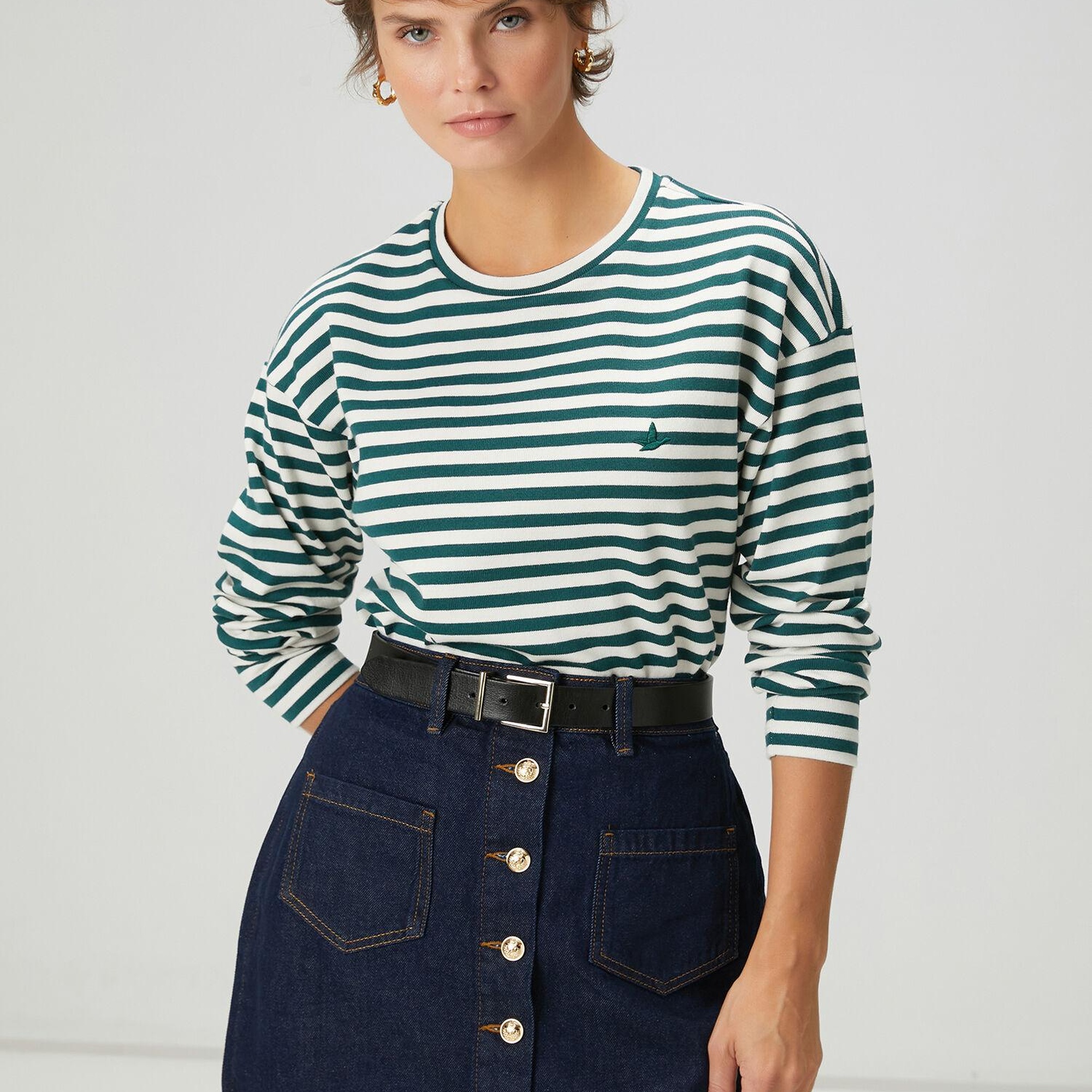 Beymen Club Kadın Yeşil Ekru Çizgili Basic Sweatshirt