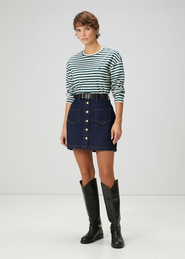  Beymen Club Kadın Yeşil Ekru Çizgili Basic Sweatshirt