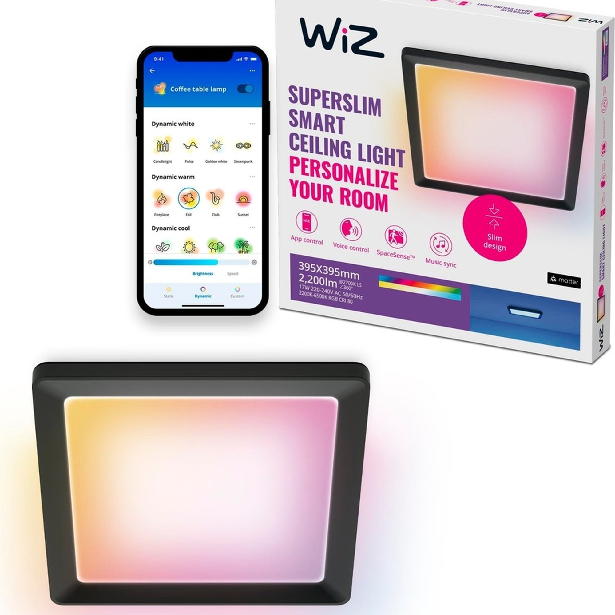 Wiz Siyah Akıllı Sıva Üstü Rgb Kare Panel Tavan Armatürü 17W