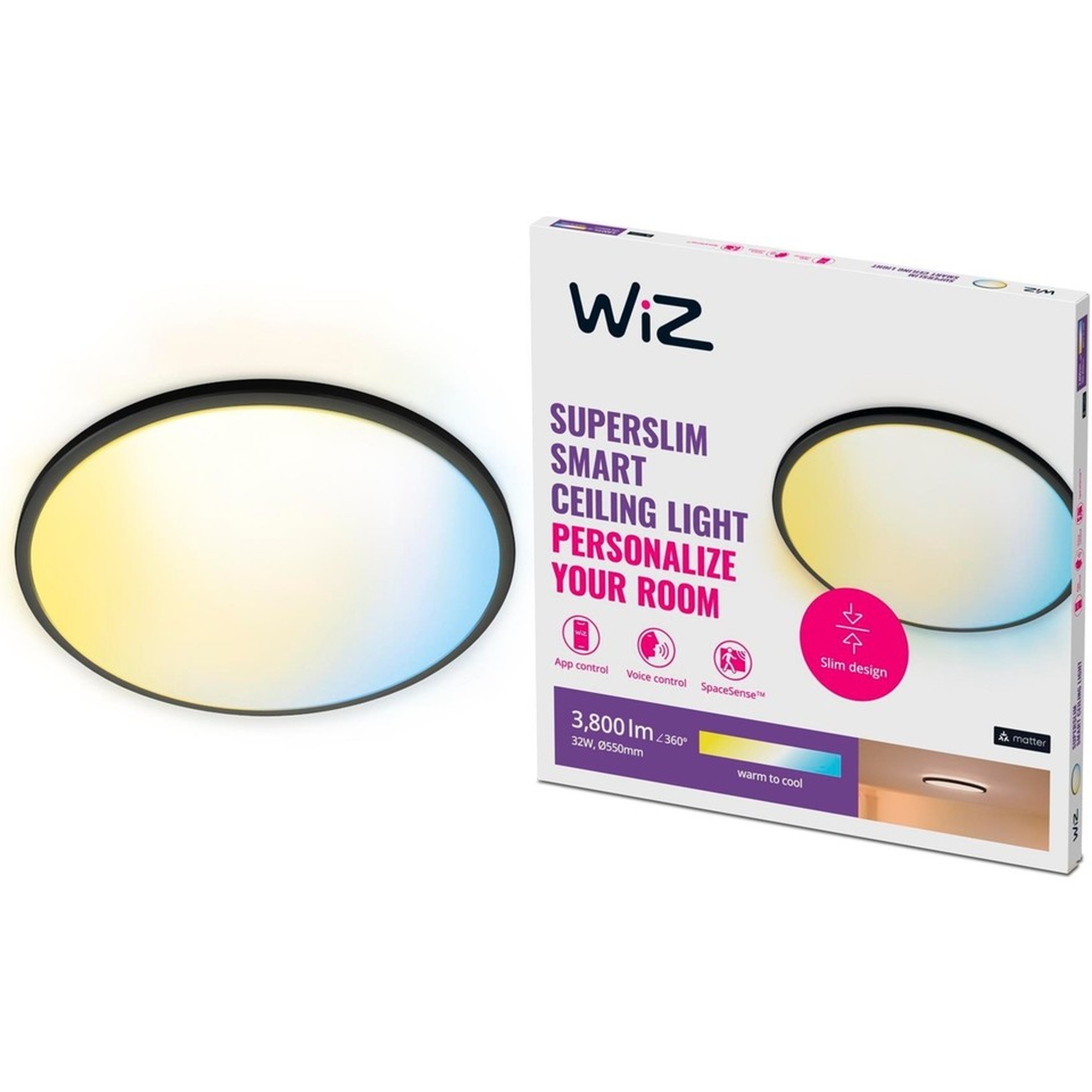 Wiz Superslim 32W Siyah Sıva Üstü Sarı-Beyaz Akıllı LED Yuvarlak Panel Tavan Armatürü