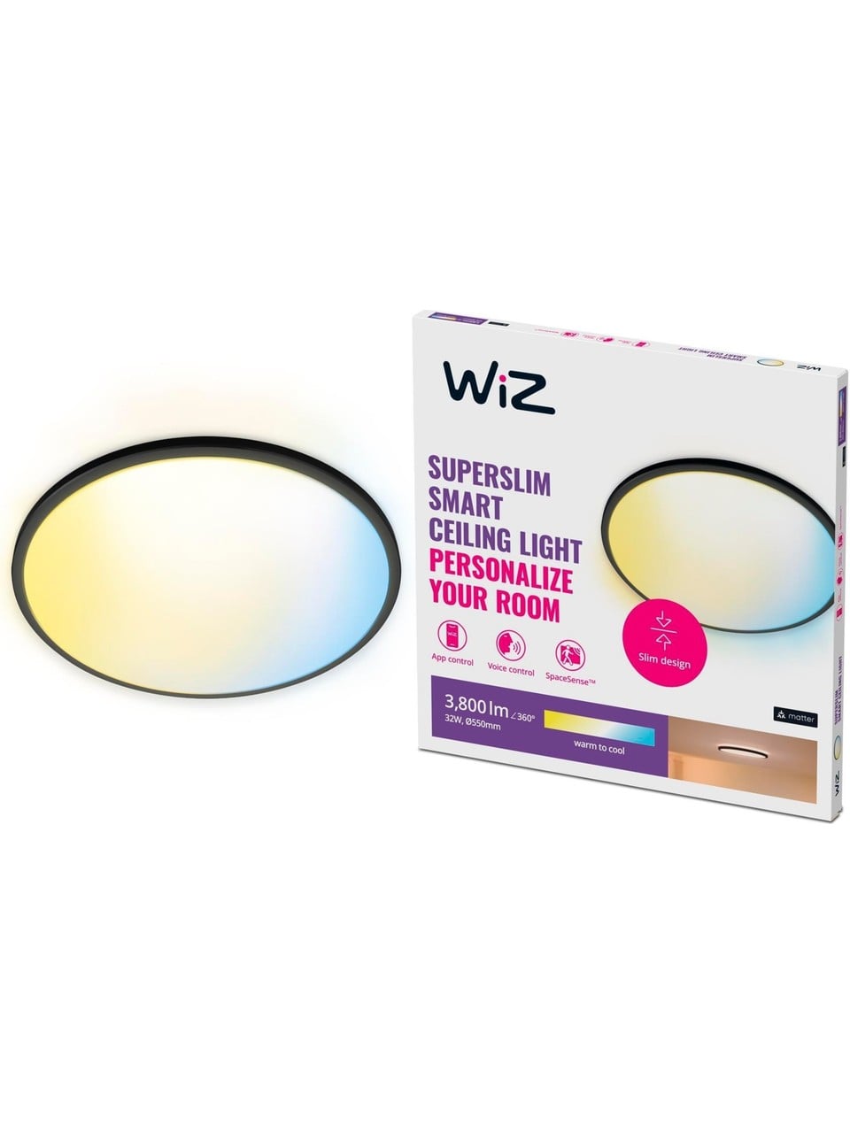  Wiz Superslim 32W Siyah Sıva Üstü Sarı-Beyaz Akıllı LED Yuvarlak Panel Tavan Armatürü