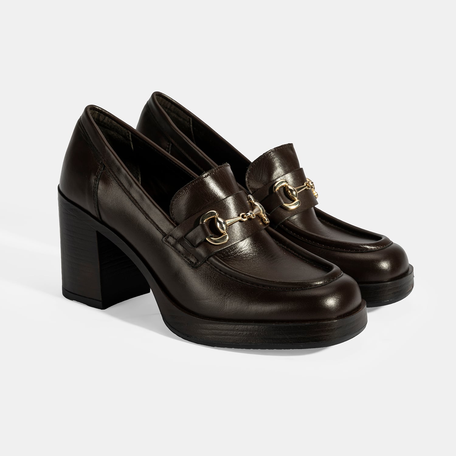  Kadın Kahve Metal Toka Detaylı Kalın Topuklu Loafer