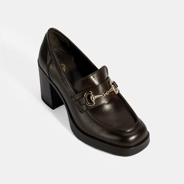  Kadın Kahve Metal Toka Detaylı Kalın Topuklu Loafer