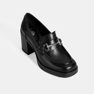  Kadın Siyah Metal Toka Detaylı Kalın Topuklu Loafer