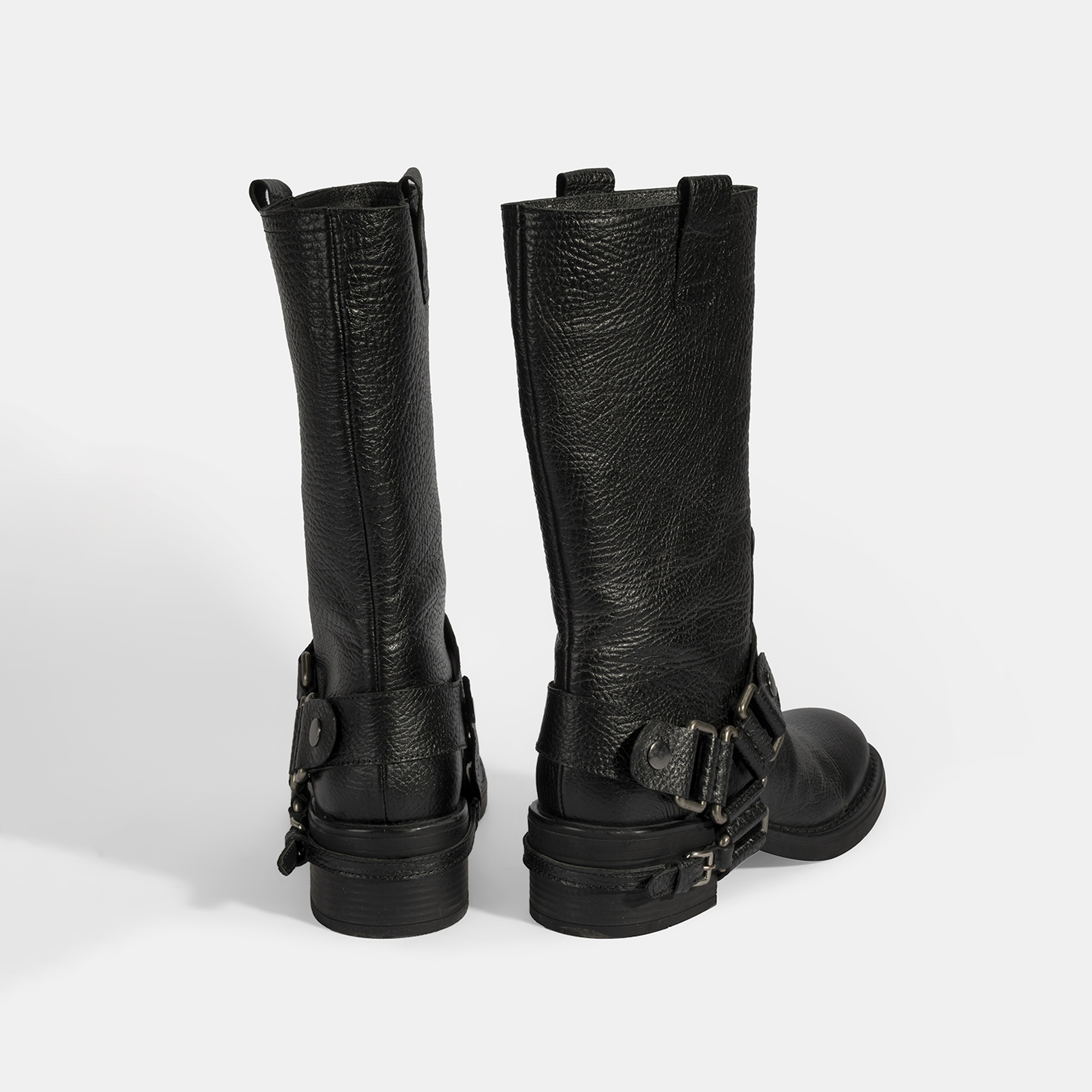 Kadın Siyah Metal Aksesuarlı Deri Biker Bot