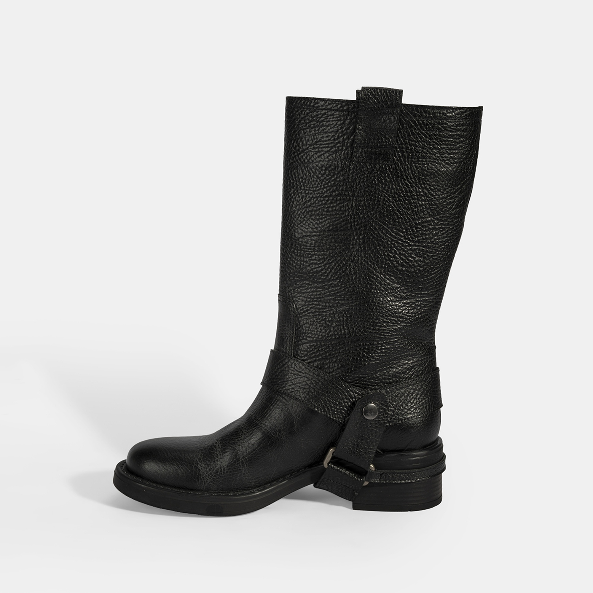 Kadın Siyah Metal Aksesuarlı Deri Biker Bot