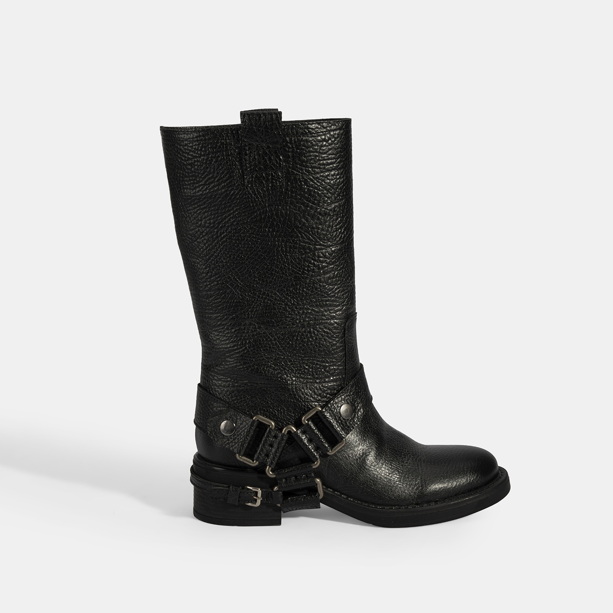 Kadın Siyah Metal Aksesuarlı Deri Biker Bot