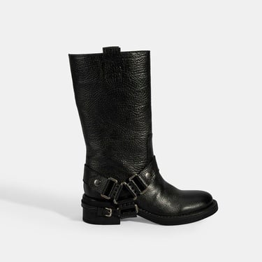  Kadın Siyah Metal Aksesuarlı Deri Biker Bot