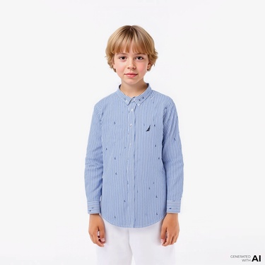  Nautica Erkek Çocuk Mavi Classic Fit Çizgili Gömlek