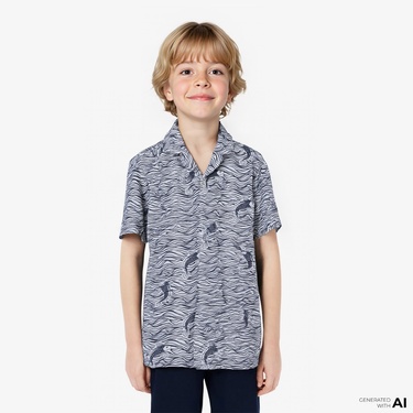  Nautica Erkek Çocuk Mavi Classic Fit Desenli Gömlek