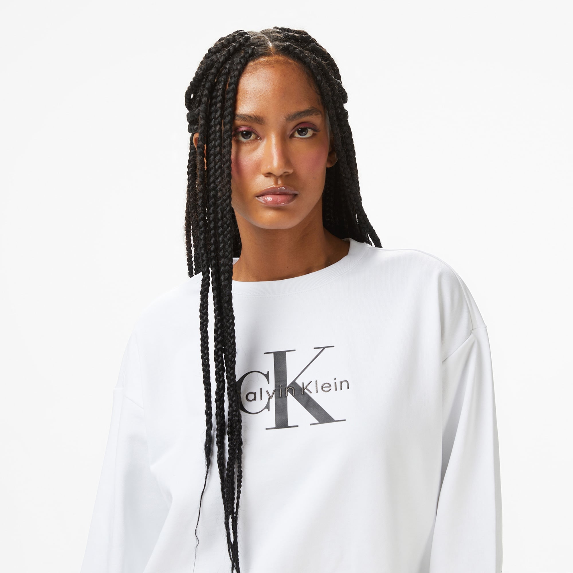 Calvin Klein Monologo French Terry Kadın Beyaz Sweatshirt