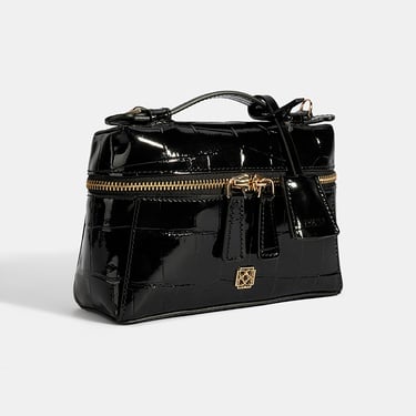  Kadın Siyah Kroko Baskılı Mini Rugan Deri El Çantası