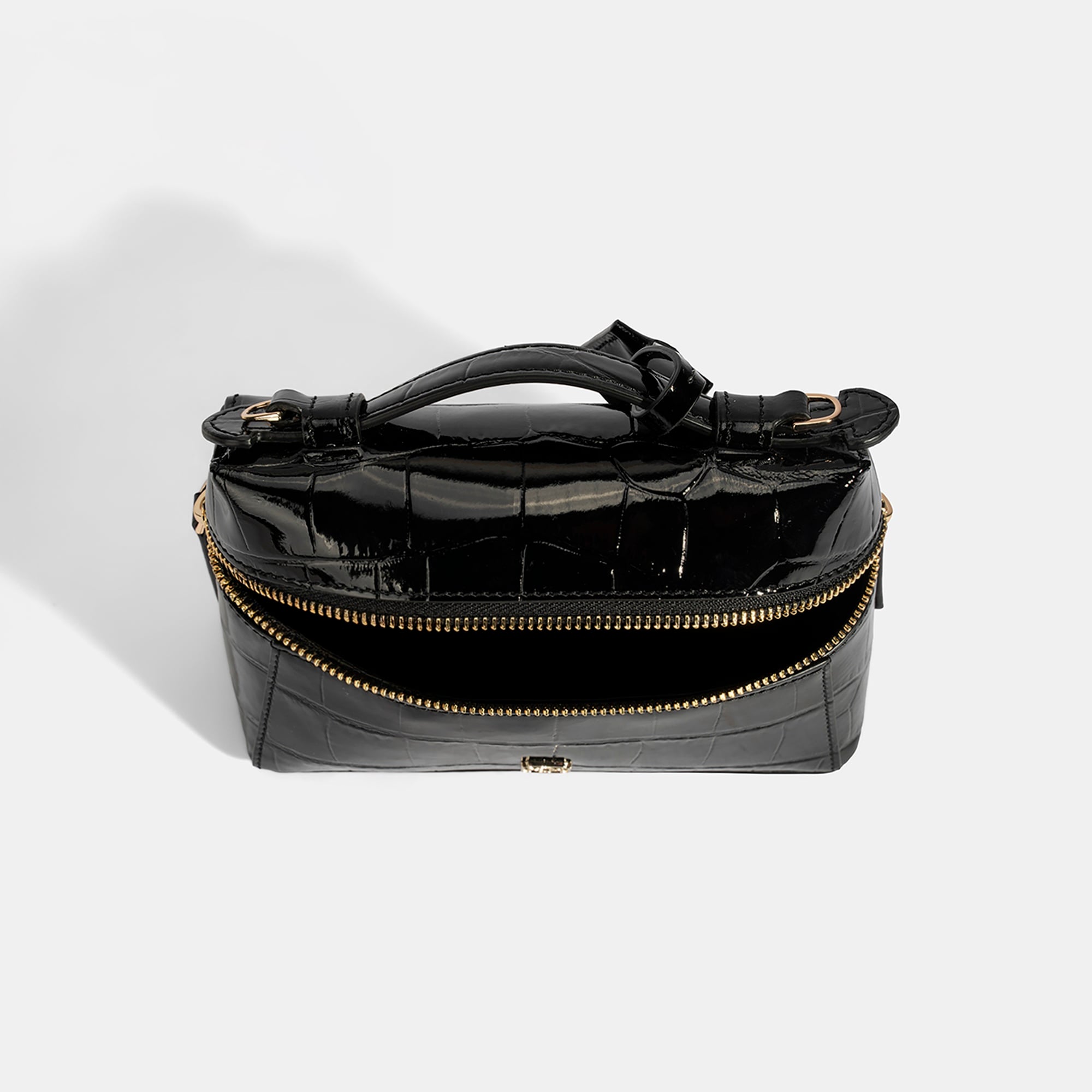 Kadın Siyah Kroko Baskılı Mini Rugan Deri El Çantası