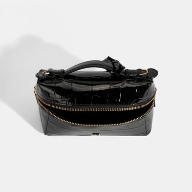  Kadın Siyah Kroko Baskılı Mini Rugan Deri El Çantası