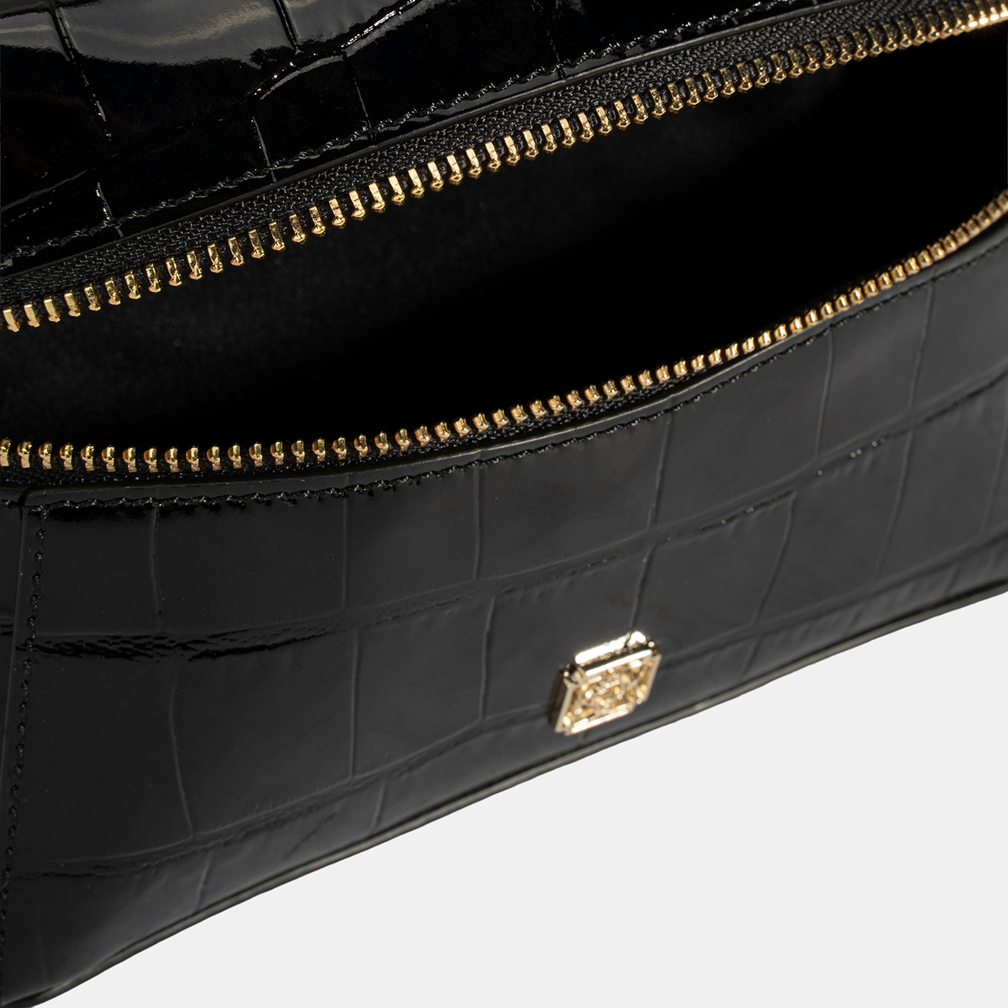 Kadın Siyah Kroko Baskılı Mini Rugan Deri El Çantası