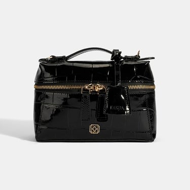  Kadın Siyah Kroko Baskılı Mini Rugan Deri El Çantası