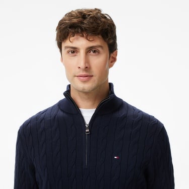 Tommy Hilfiger Classic Cotton Cable Zip Mock Erkek Mavi Yarım Fermuarlı Triko