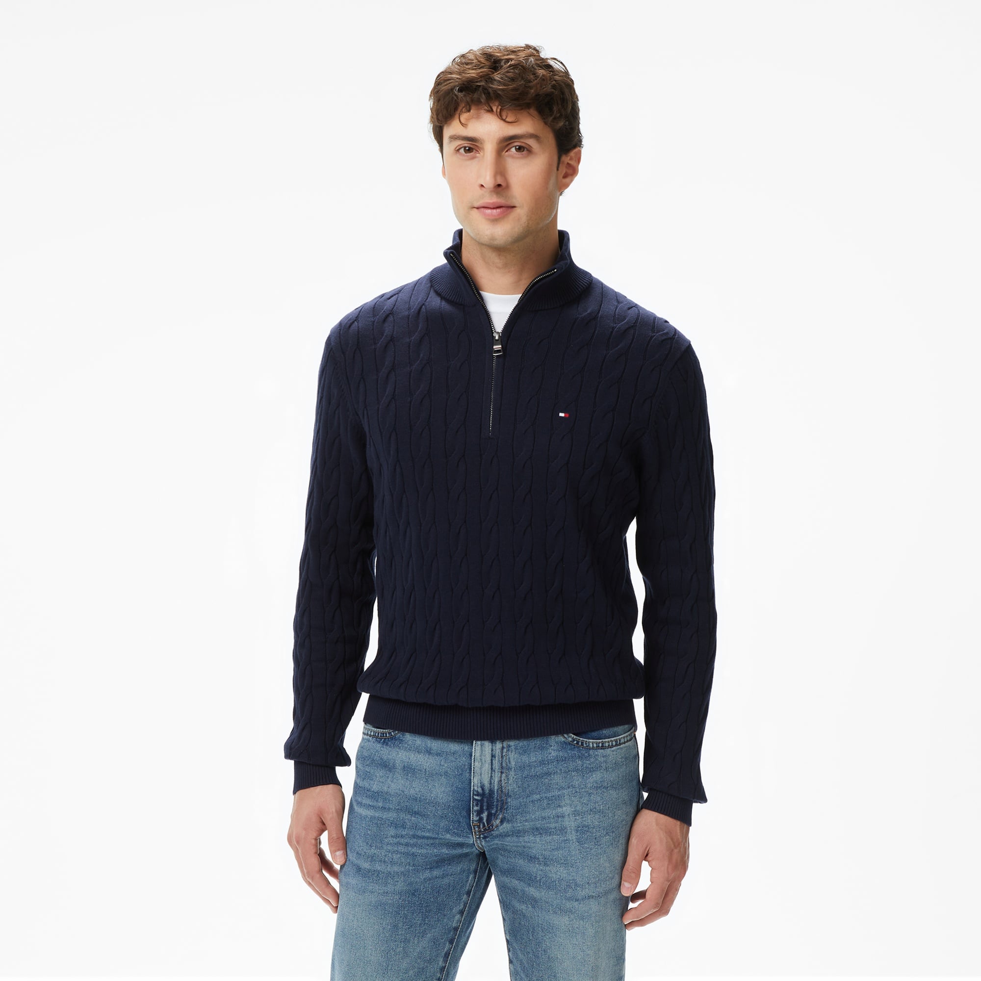Tommy Hilfiger Classic Cotton Cable Zip Mock Erkek Mavi Yarım Fermuarlı Triko