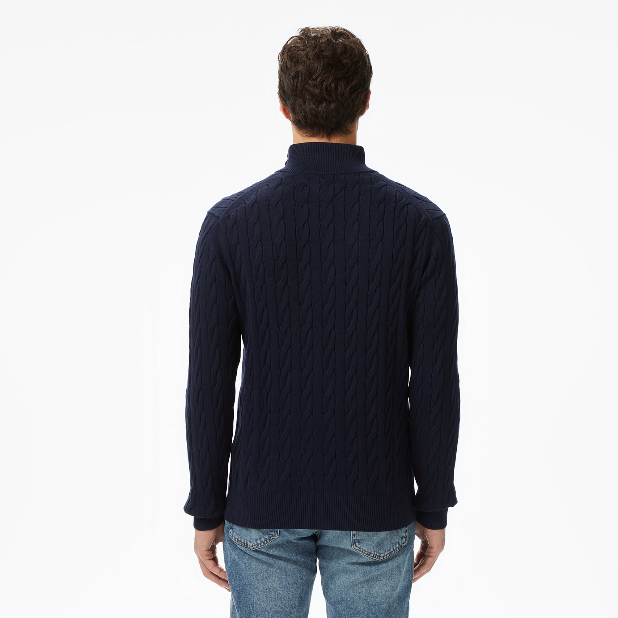 Tommy Hilfiger Classic Cotton Cable Zip Mock Erkek Mavi Yarım Fermuarlı Triko