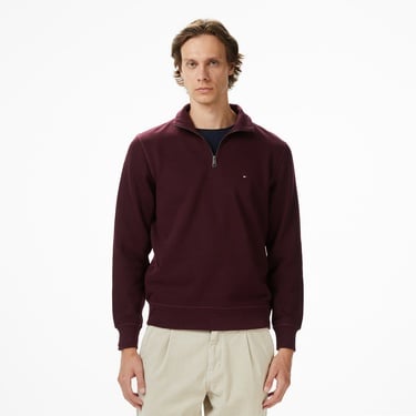  Tommy Hilfiger Essential Fleece 1/4 Erkek Yarım Fermuarlı Bordo Sweatshirt