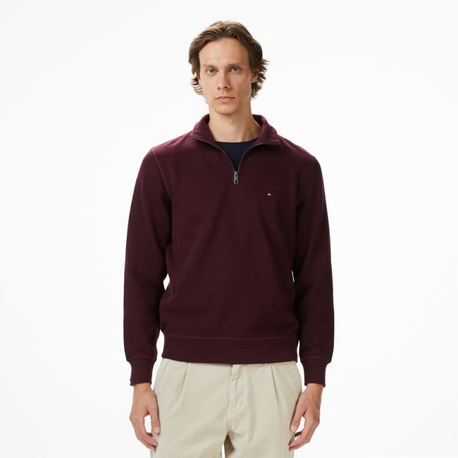  Tommy Hilfiger Essential Fleece 1/4 Erkek Yarım Fermuarlı Bordo Sweatshirt