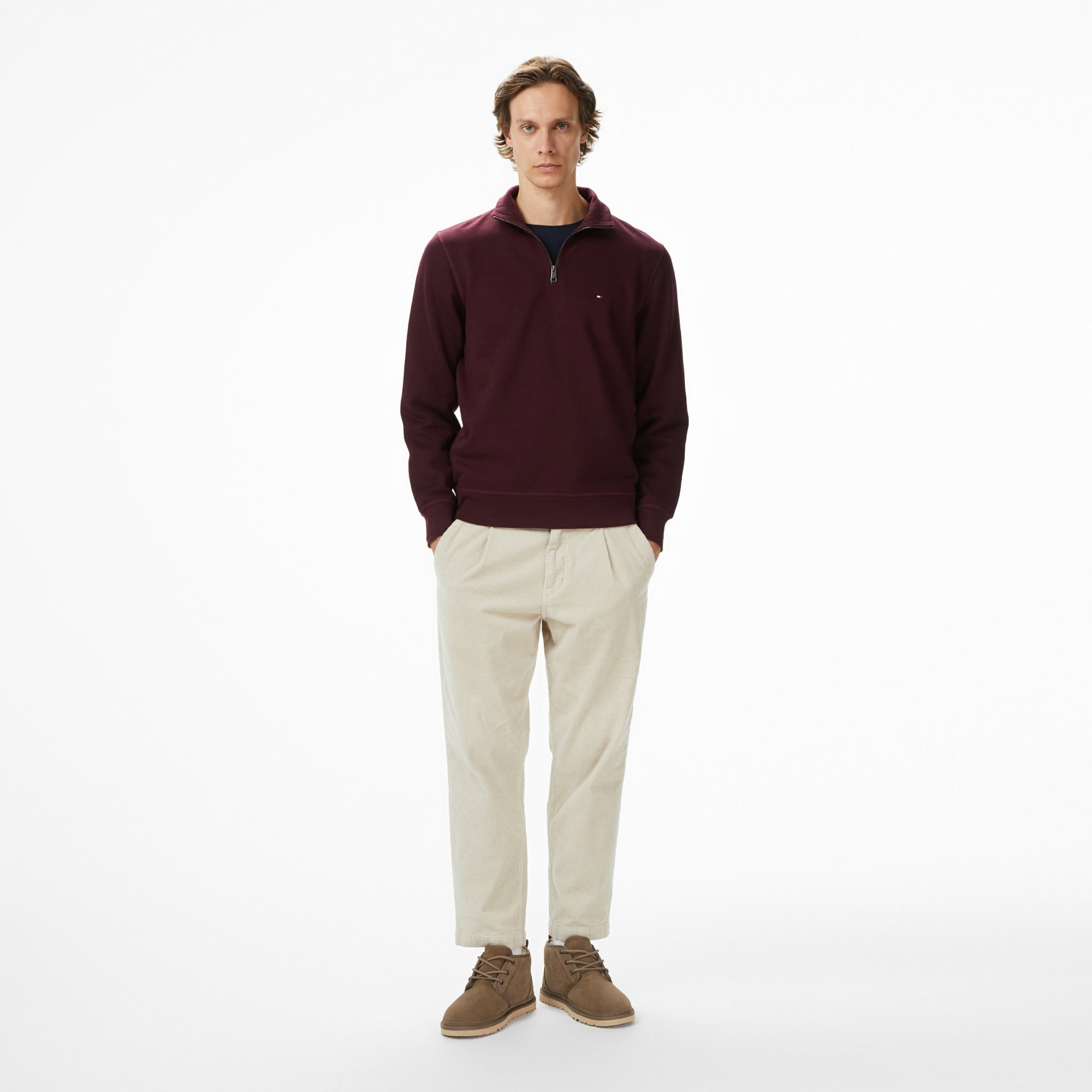 Tommy Hilfiger Essential Fleece 1/4 Erkek Yarım Fermuarlı Bordo Sweatshirt