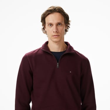  Tommy Hilfiger Essential Fleece 1/4 Erkek Yarım Fermuarlı Bordo Sweatshirt