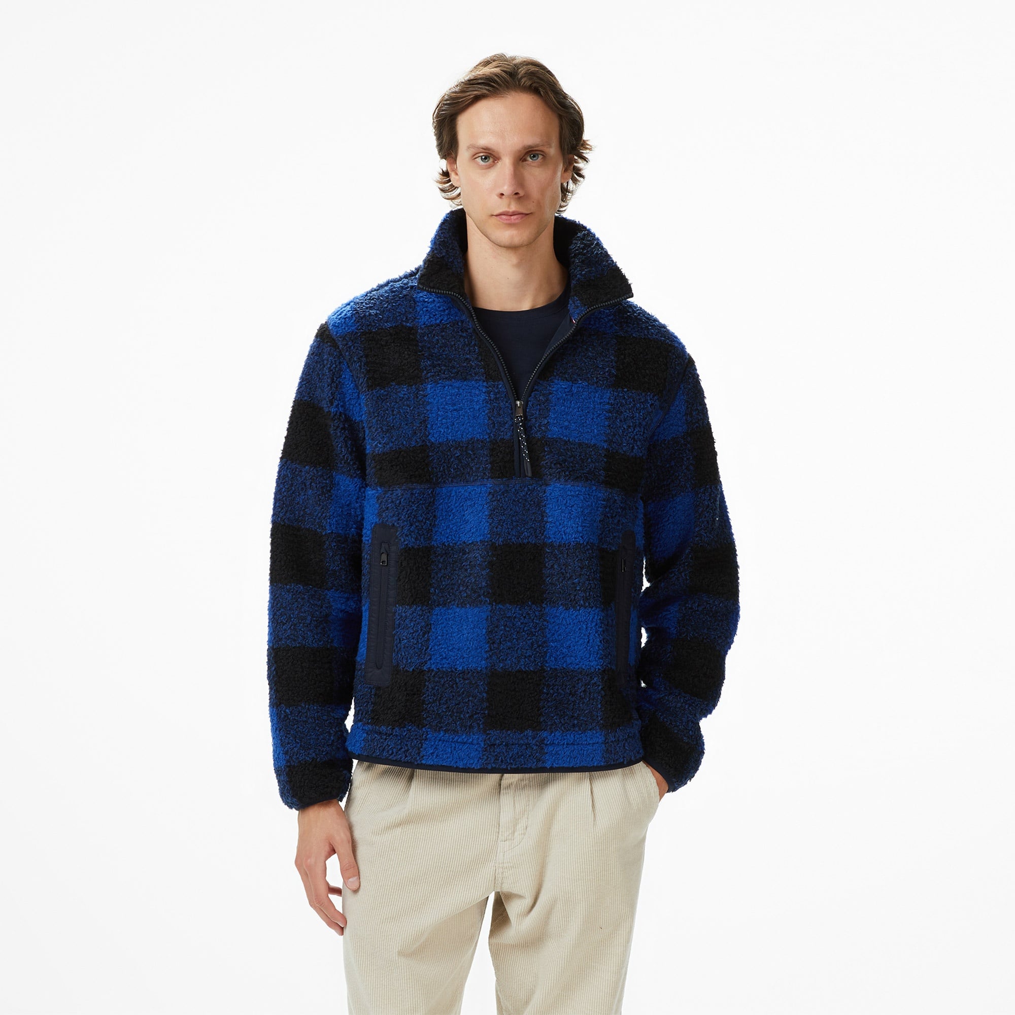 Tommy Hilfiger Teddy Fleece Check Pull Over Erkek Mavi Sweatshirt