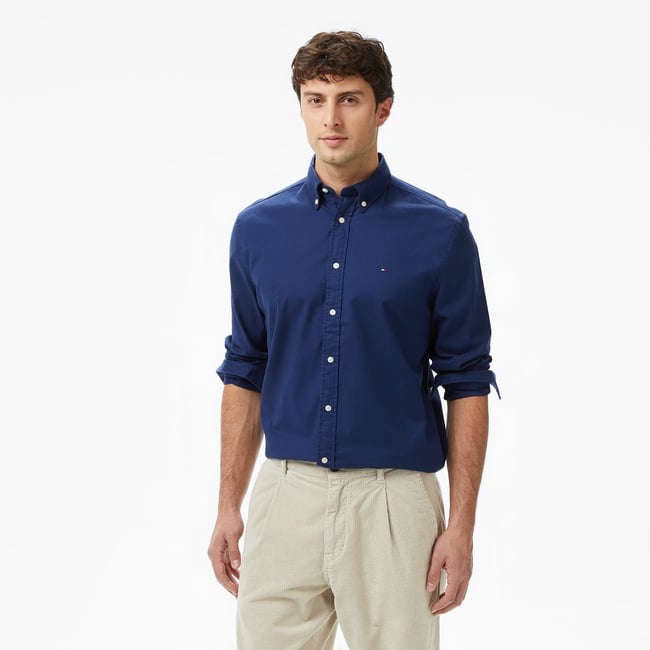  Tommy Hilfiger Flex Flannel Solid Erkek Mavi Gömlek