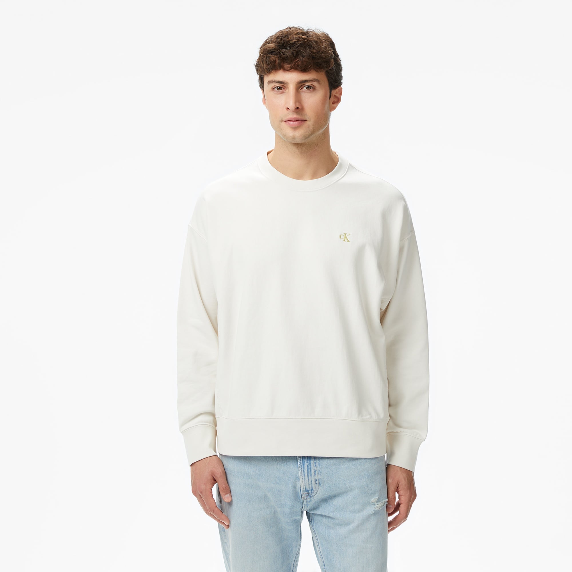 Calvin Klein Premium Terry Monogram Erkek Beyaz Sweatshirt