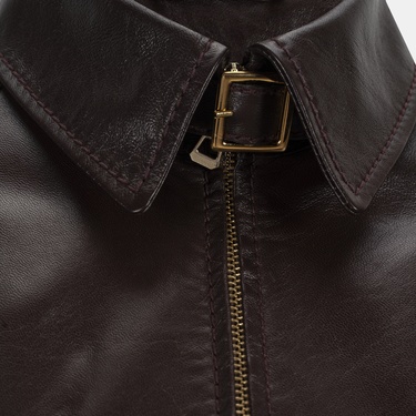  Kadın Bordo Gömlek Yakalı Fit Deri Ceket