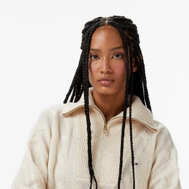  Tommy Hilfiger Soft Wool Cable 1/2 Kadın Bej Yarım Fermuarlı Triko