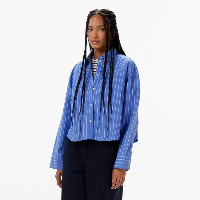  Calvin Klein Stripe Boxy Cropped Kadın Mavi Gömlek