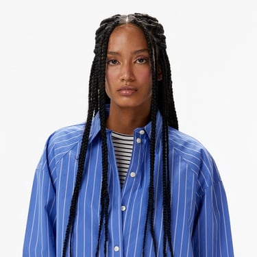  Calvin Klein Stripe Boxy Cropped Kadın Mavi Gömlek