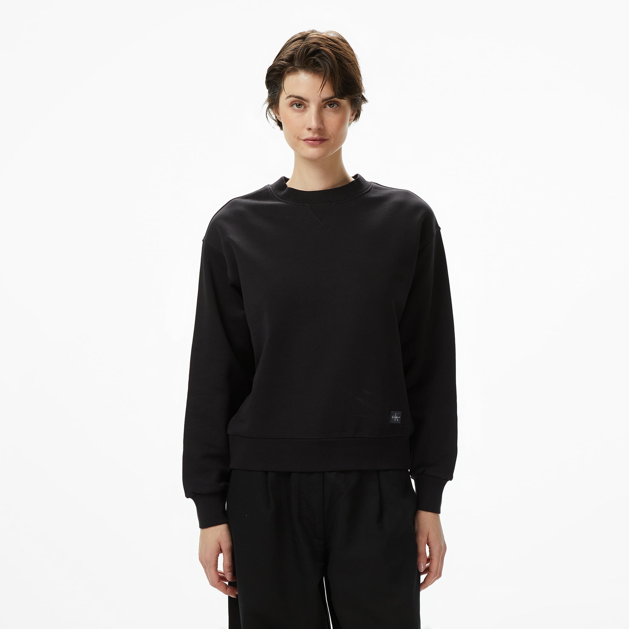 Calvin Klein Badge Logo Terry Crew Kadın Siyah Sweatshirt