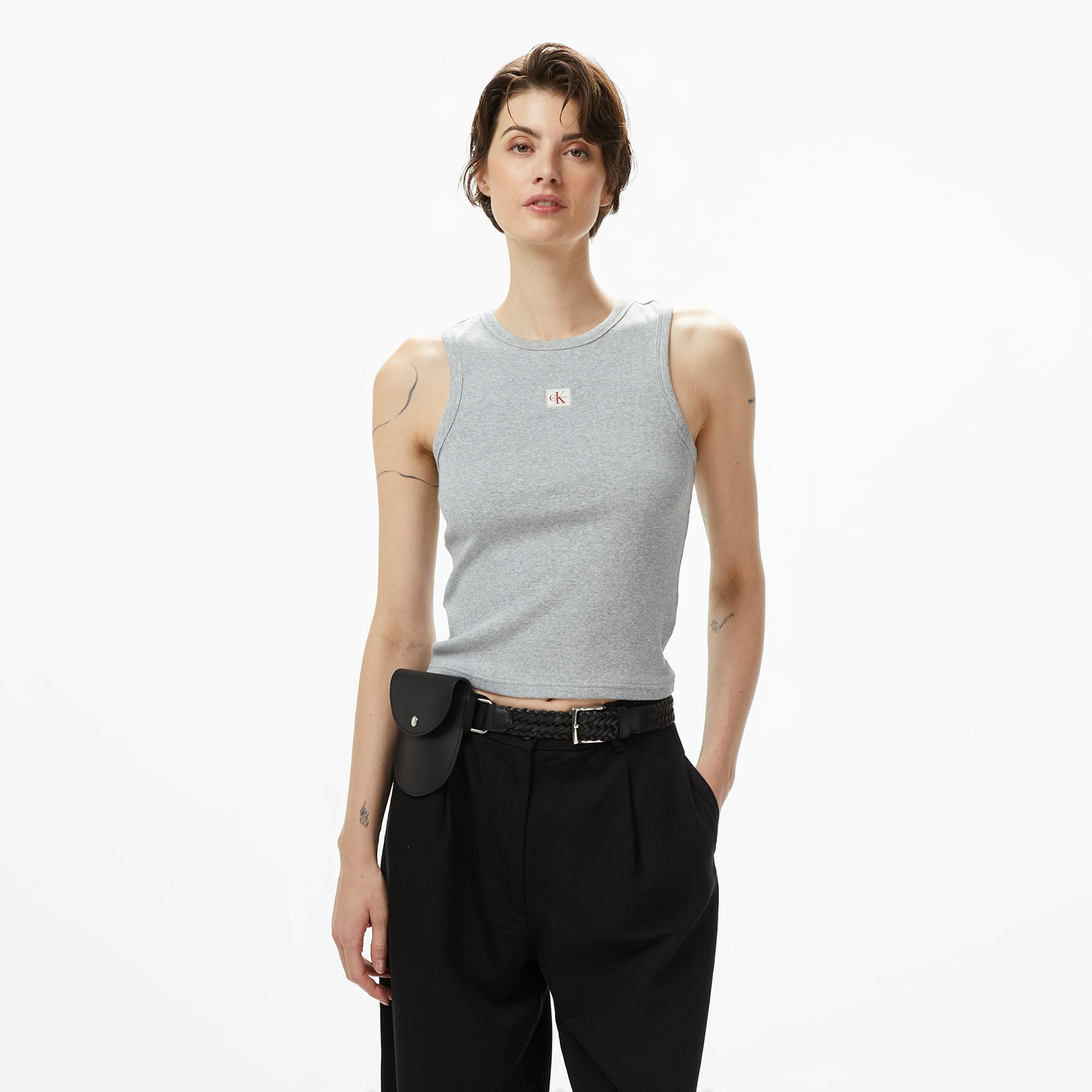 Calvin Klein Woven Label Cotton Kadın Gri T-Shirt