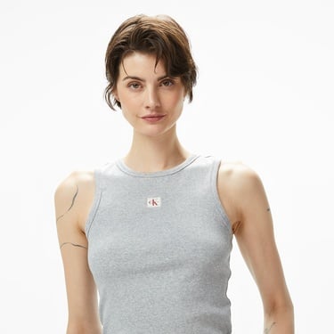  Calvin Klein Woven Label Cotton Kadın Gri T-Shirt