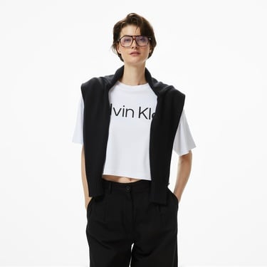  Calvin Klein Boxy Logo Graphic Kadın Beyaz T-Shirt