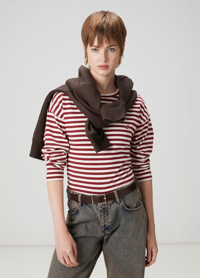  Beymen Club Kadın Bordo Beyaz Çizgili Basic Sweatshirt